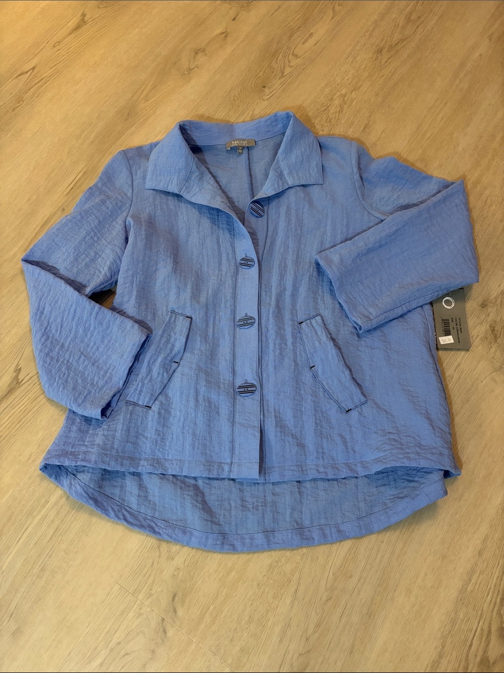 NEW HABITAT express travel pleat jacket in blue gorgeous size XS small flaw